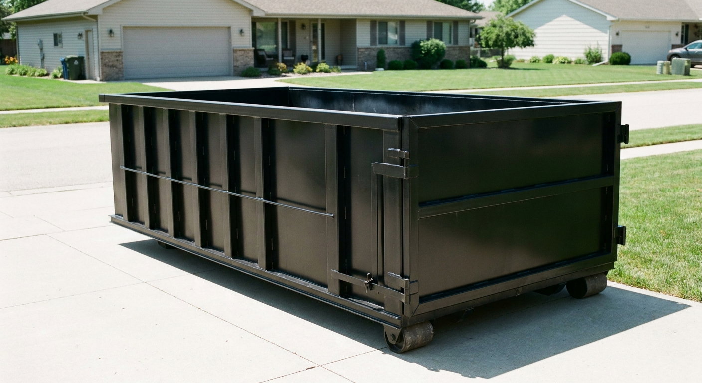 Matte-black 10-yard roll-off dumpster on a residential concrete driveway in Dekalb, uniformly painted matte black across every panel and rail, ribbed steel sidewalls and rear swing door visible, mid-day daylight.