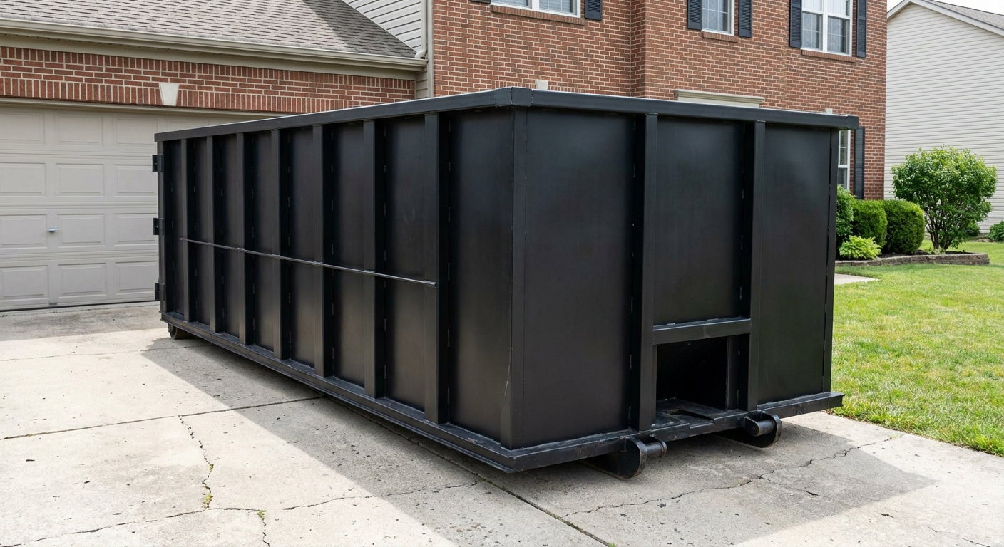 Matte-black 20-yard roll-off container on a Dekalb residential concrete driveway with reinforced ribbed steel sidewalls and a hinged rear walk-in door, clean bright daylight.
