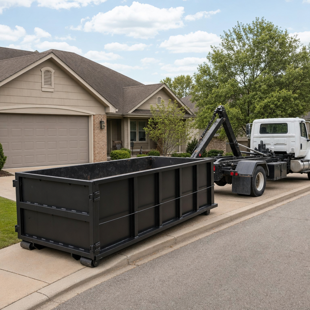 Wide documentary shot of a matte-black roll-off dumpster on a Dekalb residential driveway in the foreground and a contractor jobsite container in the soft-focus background, bright daylight, calm and orderly composition.
